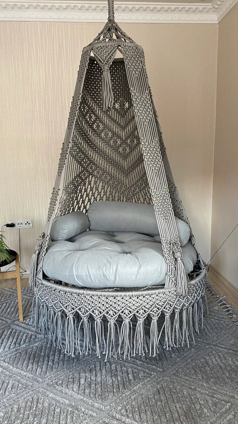 Macrame Swing With Cushions in Grey 35 inches - Leechoo
